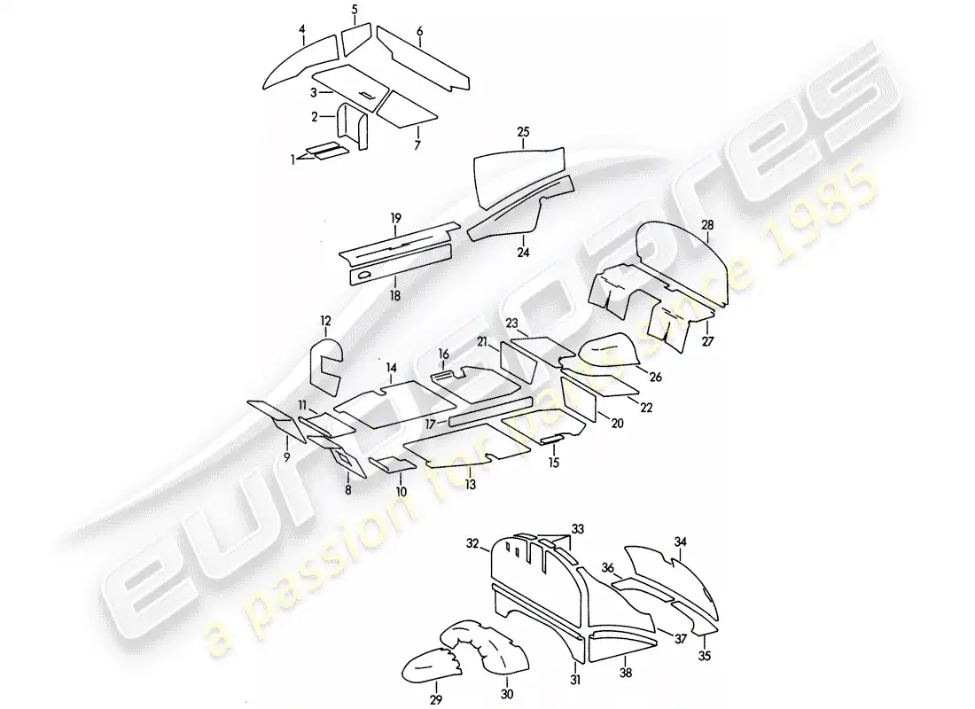 porsche 1962 (356b/356c) body shell - damping mat parts diagram