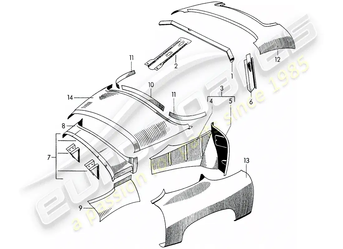 porsche 1954 (356/356a) exterior panelling - fender parts diagram