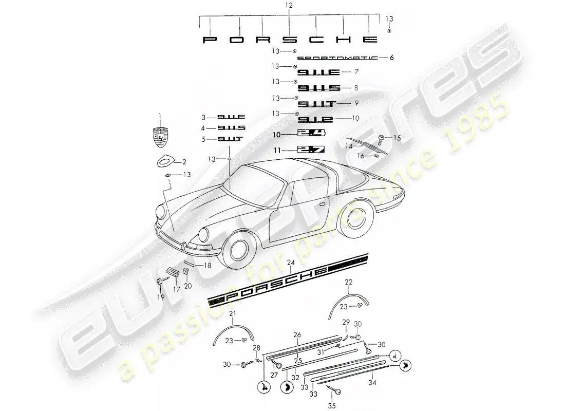 porsche 1970 (911) decorative fittings parts diagram