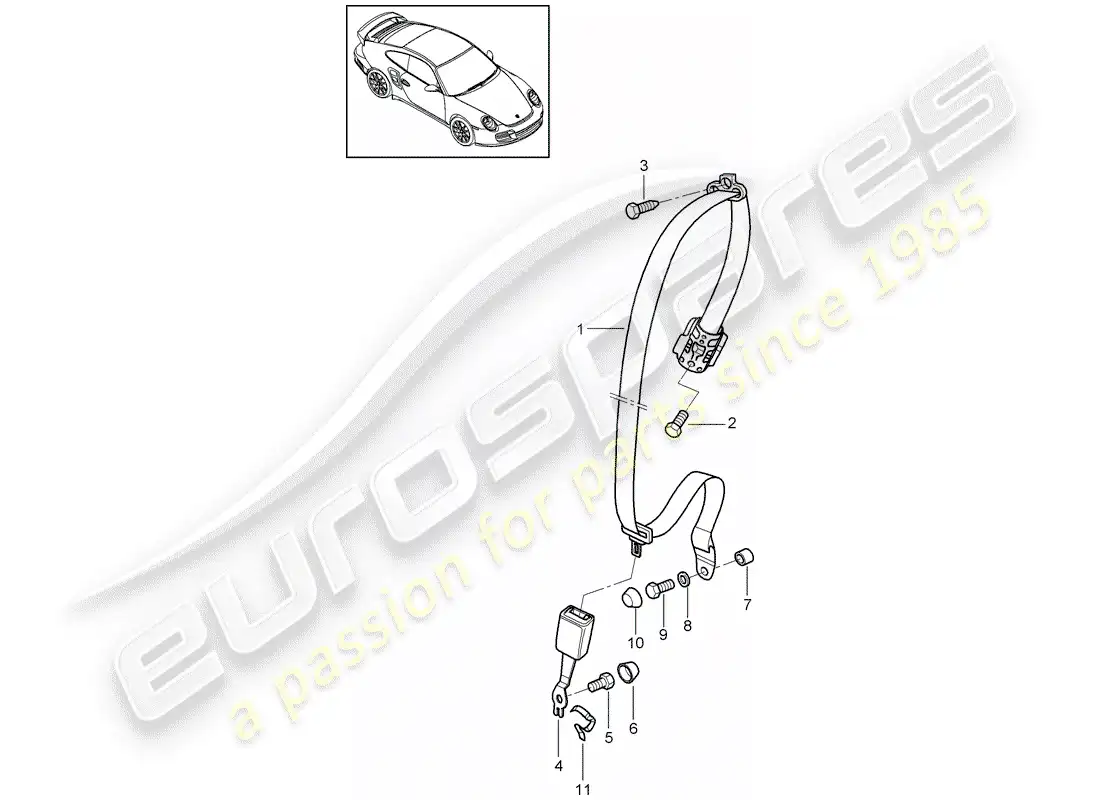 porsche 2011 (997-2 turbo / gt2 rs) seat belt parts diagram