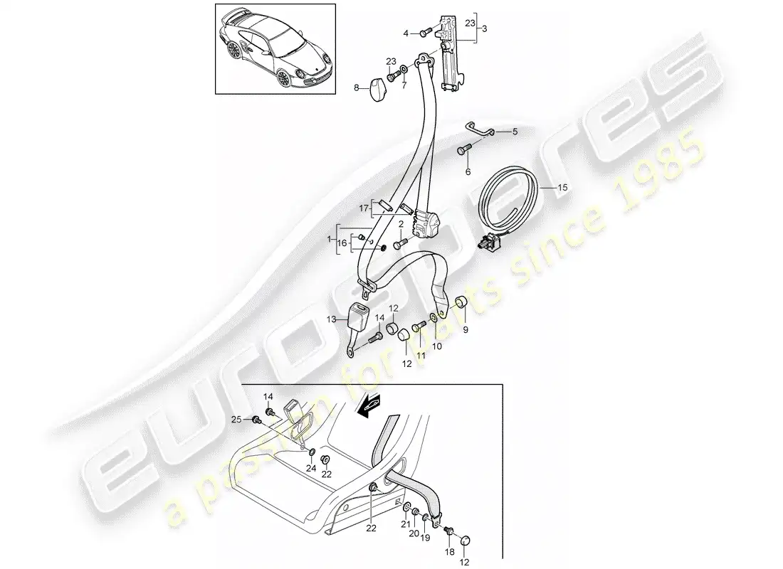 porsche 2011 (997-2 turbo / gt2 rs) seat belt parts diagram