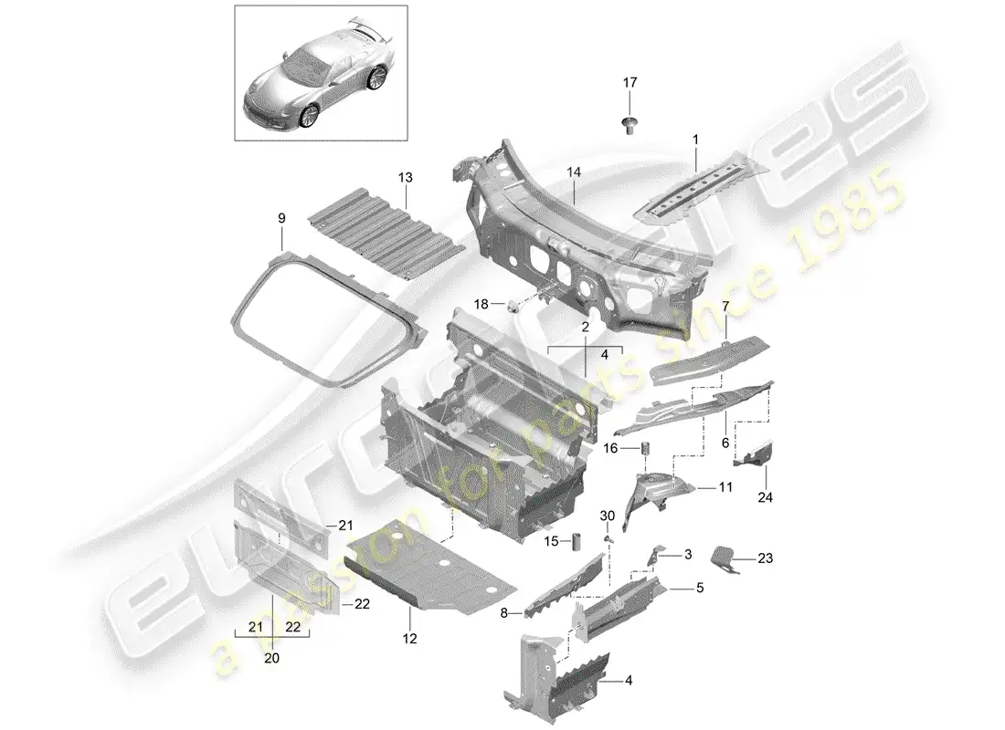 porsche 2014 (991-1 r/gt3/rs) front end parts diagram