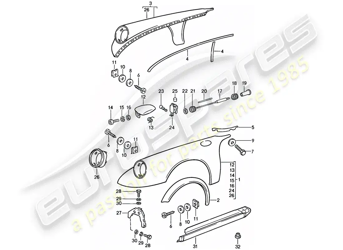 porsche 1988 (911) fender - with: - sheet metal cup for tank parts diagram