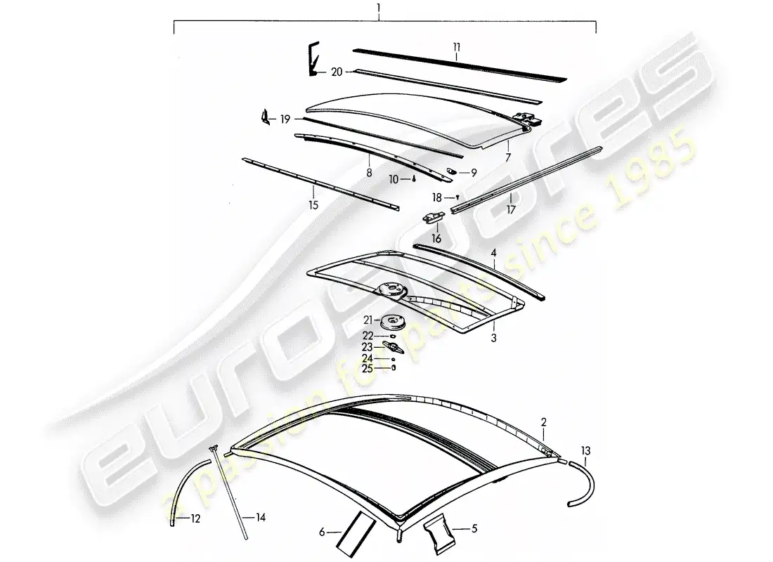 porsche 1964 (356b/356c) sunroof - mechanical parts diagram