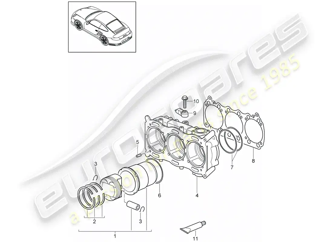 porsche 2012 (997-2 turbo / gt2 rs) cylinder with pistons parts diagram