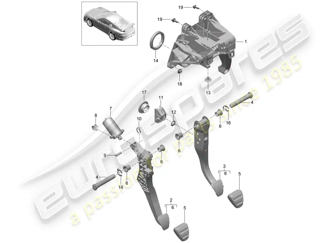 porsche 2015 (991-1 r/gt3/rs) brake and acc. pedal assembly parts diagram