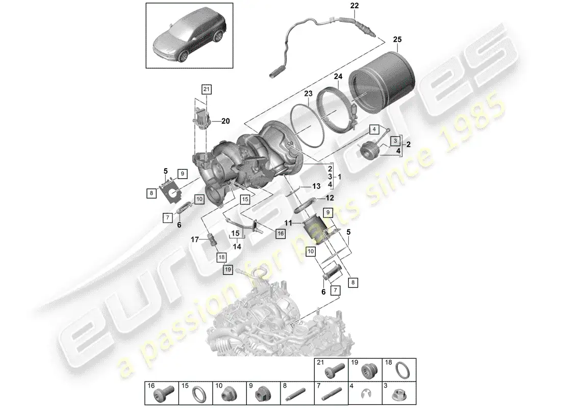 porsche 2020 (cayenne e3 9ya/9yb) exhaust gas turbocharger parts diagram