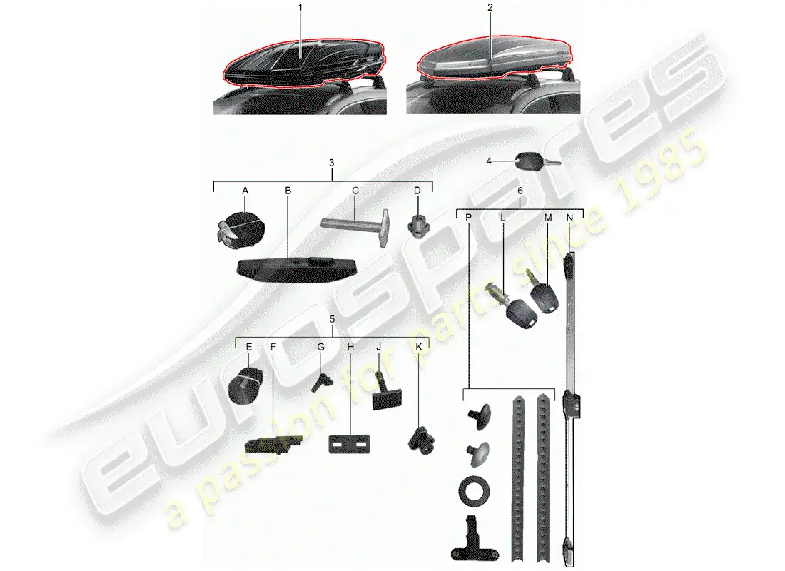 porsche 2012 (tequipment panamera) roof box parts diagram