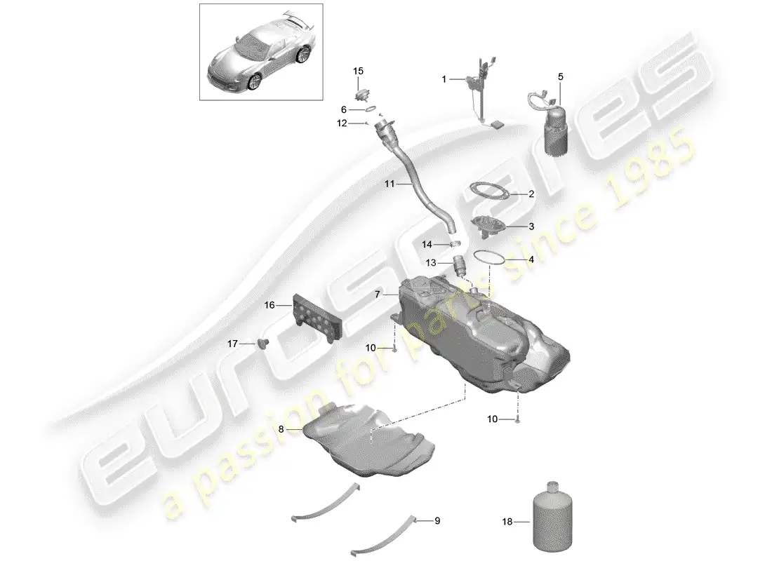 porsche 2014 (991-1 r/gt3/rs) fuel tank parts diagram
