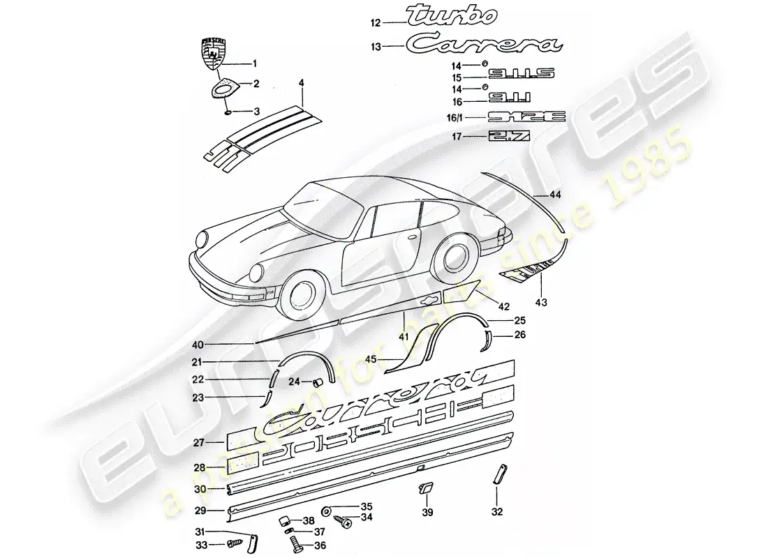 porsche 1975 (911 turbo) decorative fittings parts diagram