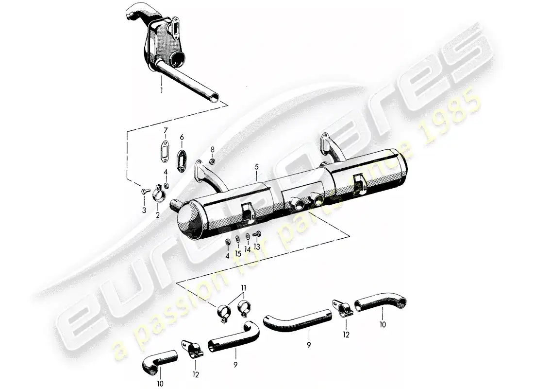 porsche 1963 (356b/356c) exhaust system - heater - old version parts diagram