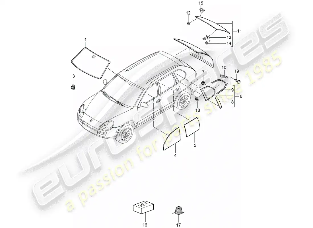 porsche 2005 (cayenne e1 9pa) windshield glass part diagram