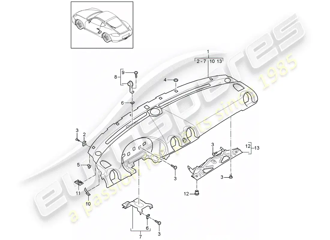 porsche 2007 (987 cayman) dash panel trim parts diagram
