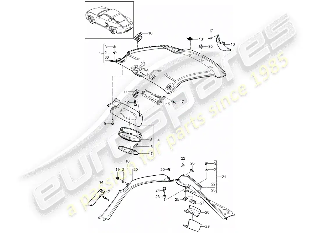 porsche 2011 (987 cayman) roof trim panel parts diagram