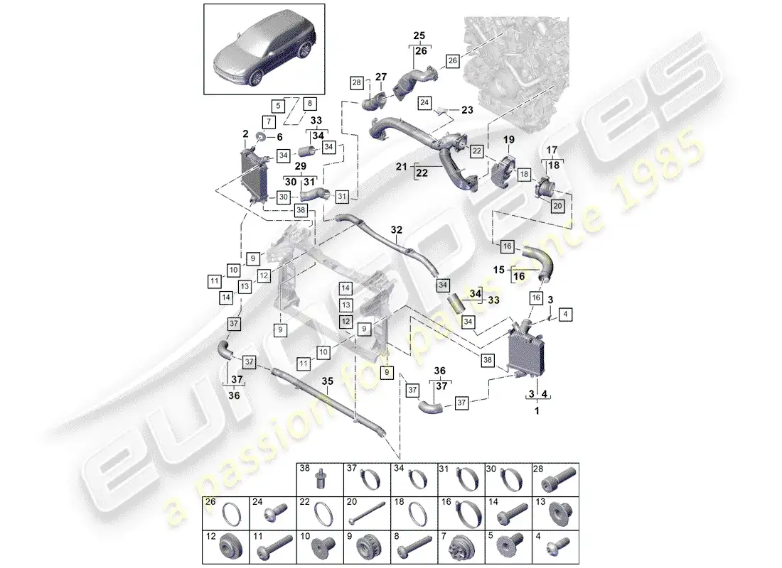 porsche 2019 (cayenne e3 9ya/9yb) charge air cooler parts diagram