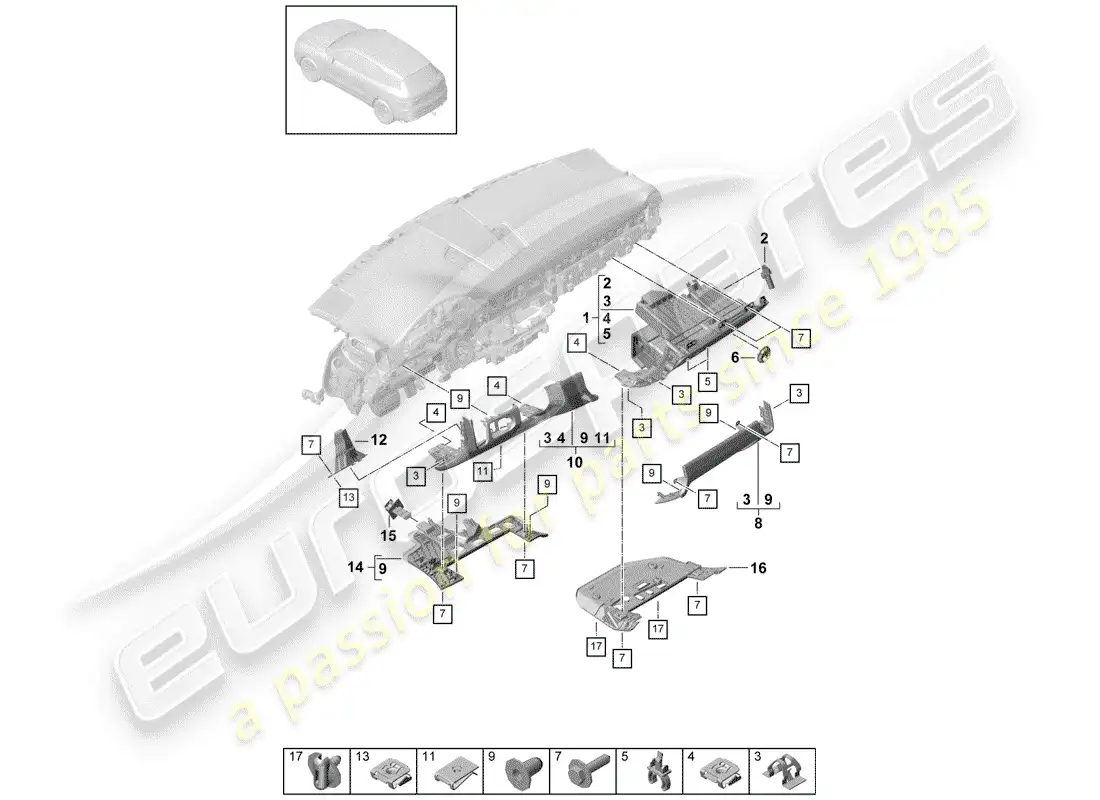 porsche 2020 (cayenne e3 9ya/9yb) dash panel trim part diagram