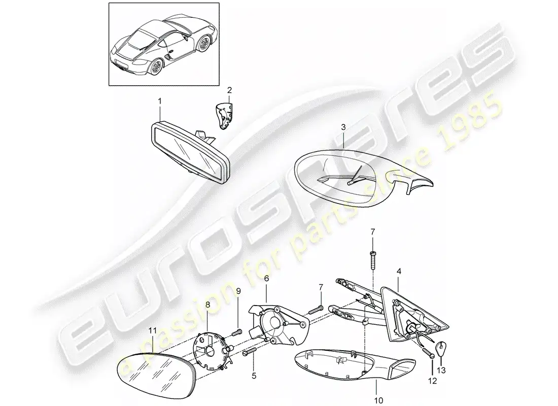 porsche 2012 (987 cayman) rear view mirror inner parts diagram