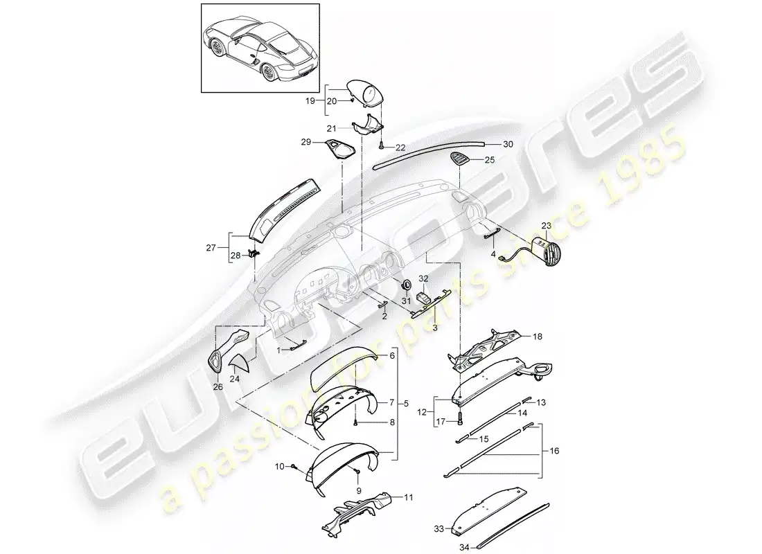 porsche 2012 (987 cayman) dash panel trim parts diagram