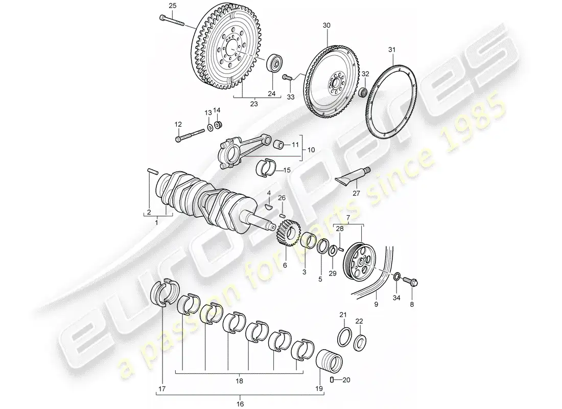 porsche 2001 (996 gt3) crankshaft parts diagram