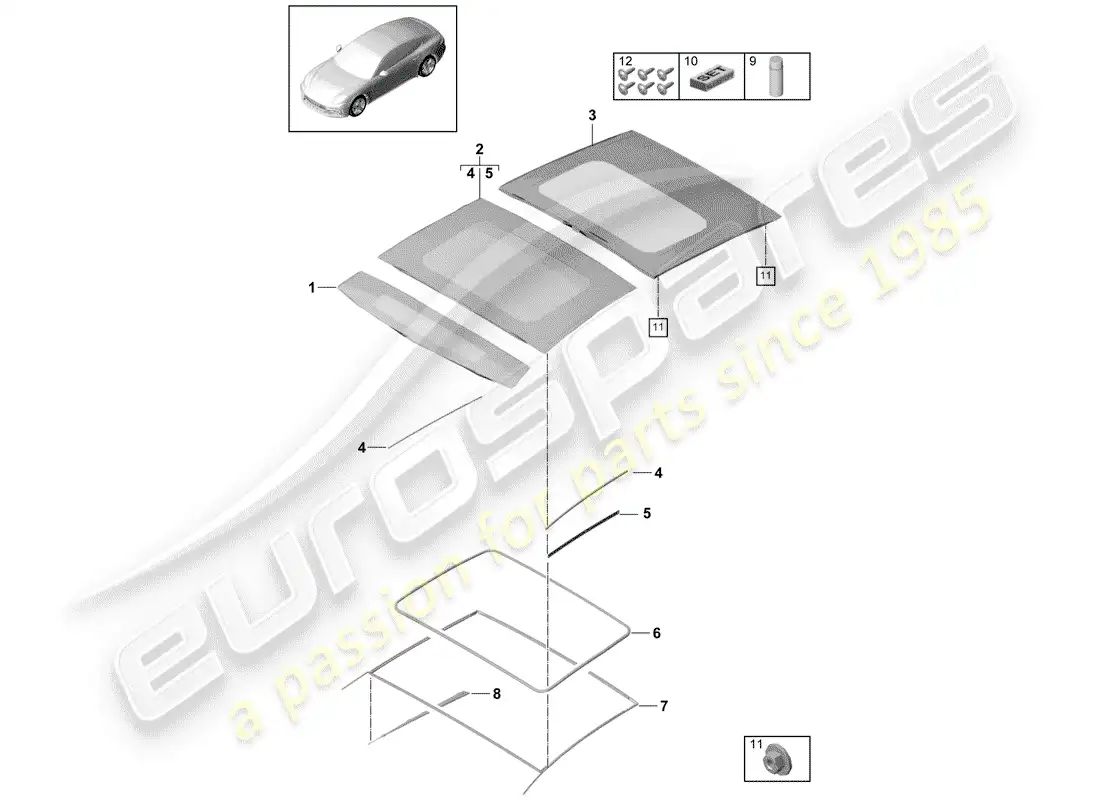 porsche 2019 (panamera 971-1) glass sliding roof parts diagram