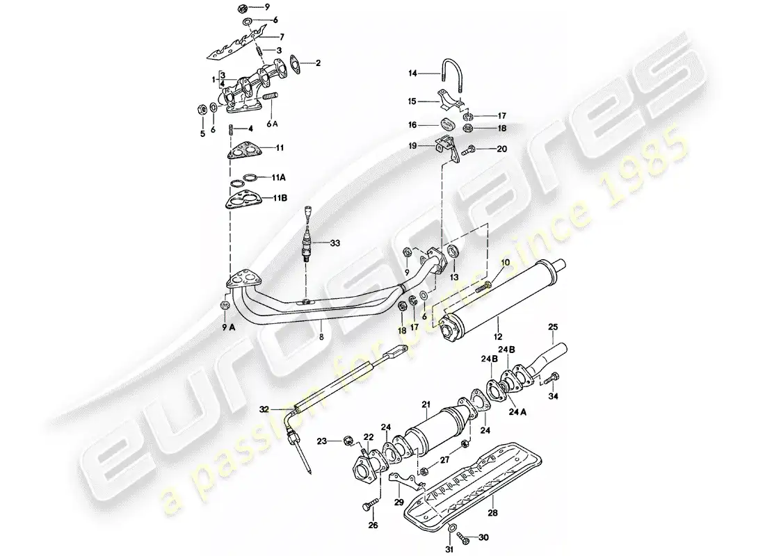 porsche 1980 (924) exhaust system - exhaust silencer, front parts diagram