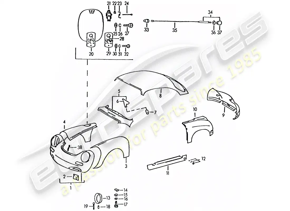 porsche 1963 (356b/356c) exterior panelling parts diagram