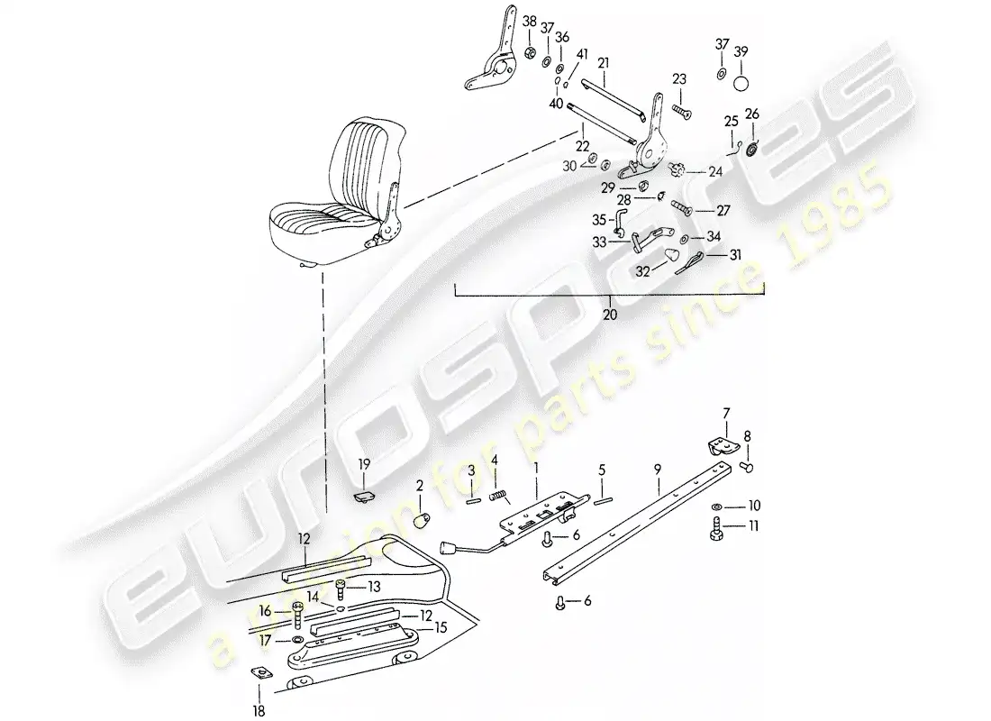 porsche 1964 (356b/356c) seat rail - and - reclining seat mechanism parts diagram