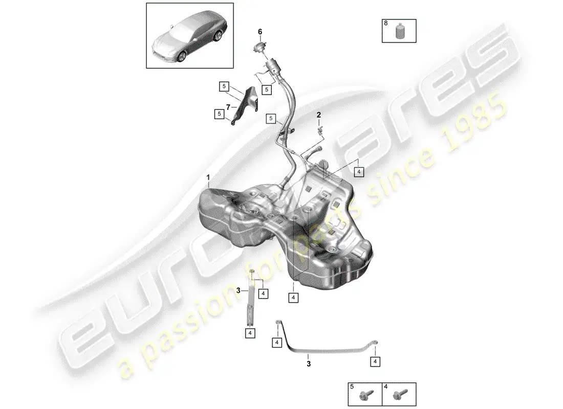 porsche 2018 (panamera 971-1) fuel tank with parts diagram