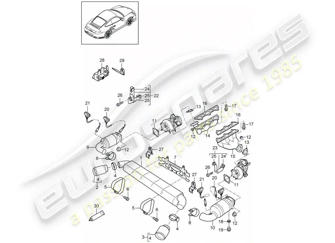 porsche 2012 (997-2 turbo / gt2 rs) exhaust system parts diagram