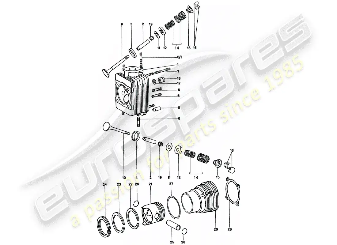 porsche 1973 (914) cylinder head - cylinder with pistons parts diagram