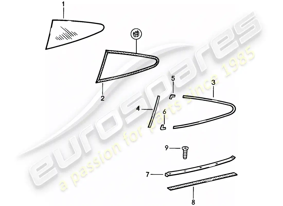 porsche 1985 (911) window glazing - side window parts diagram
