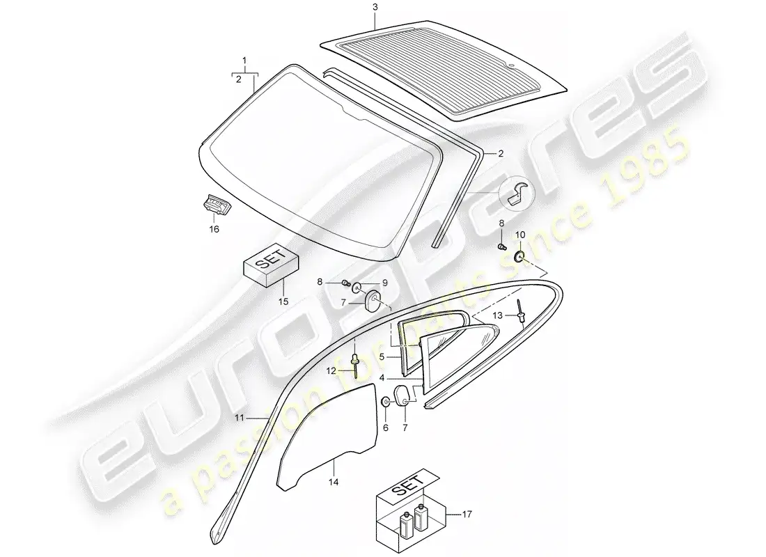 porsche 2009 997-2 turbo / gt2 window glazing parts diagram