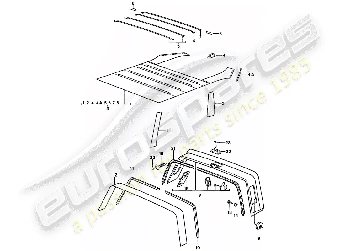 porsche 1985 (911) interior equipment - roof - roll bar parts diagram