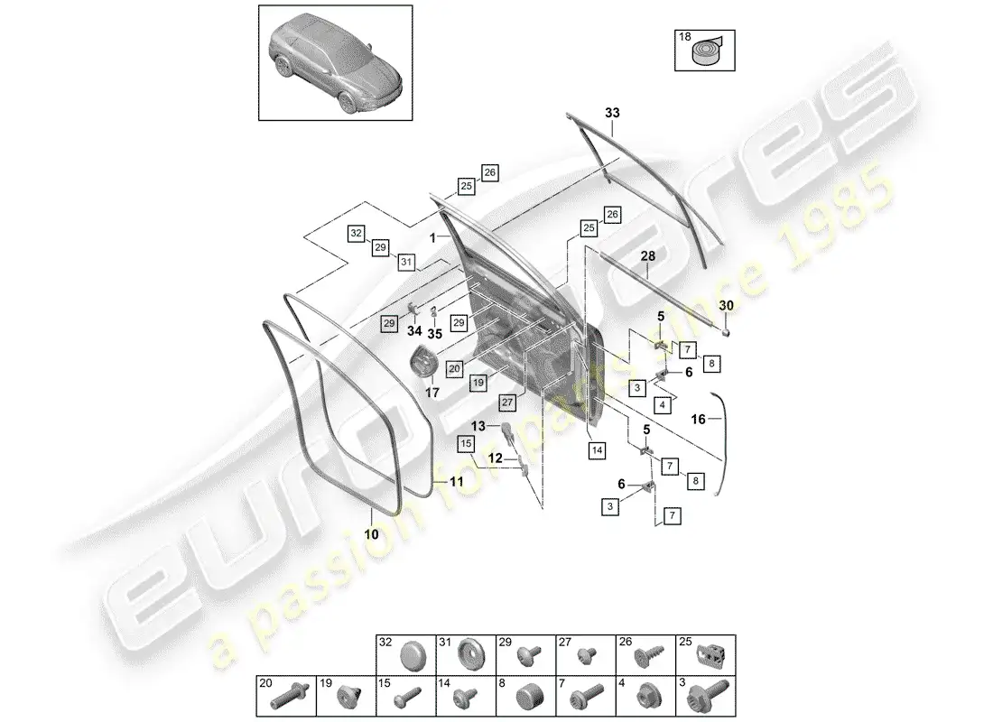 porsche 2018 (cayenne e3 9ya/9yb) door shell parts diagram