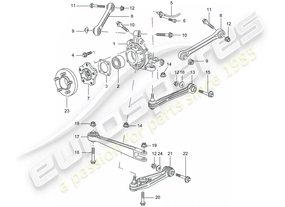 porsche 2001 (996 turbo / gt2) rear axle - wheel carrier - upper link - wheel hub parts diagram