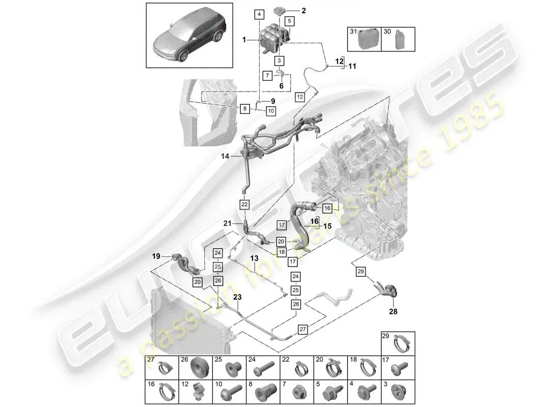 porsche 2020 (cayenne e3 9ya/9yb) water cooling part diagram