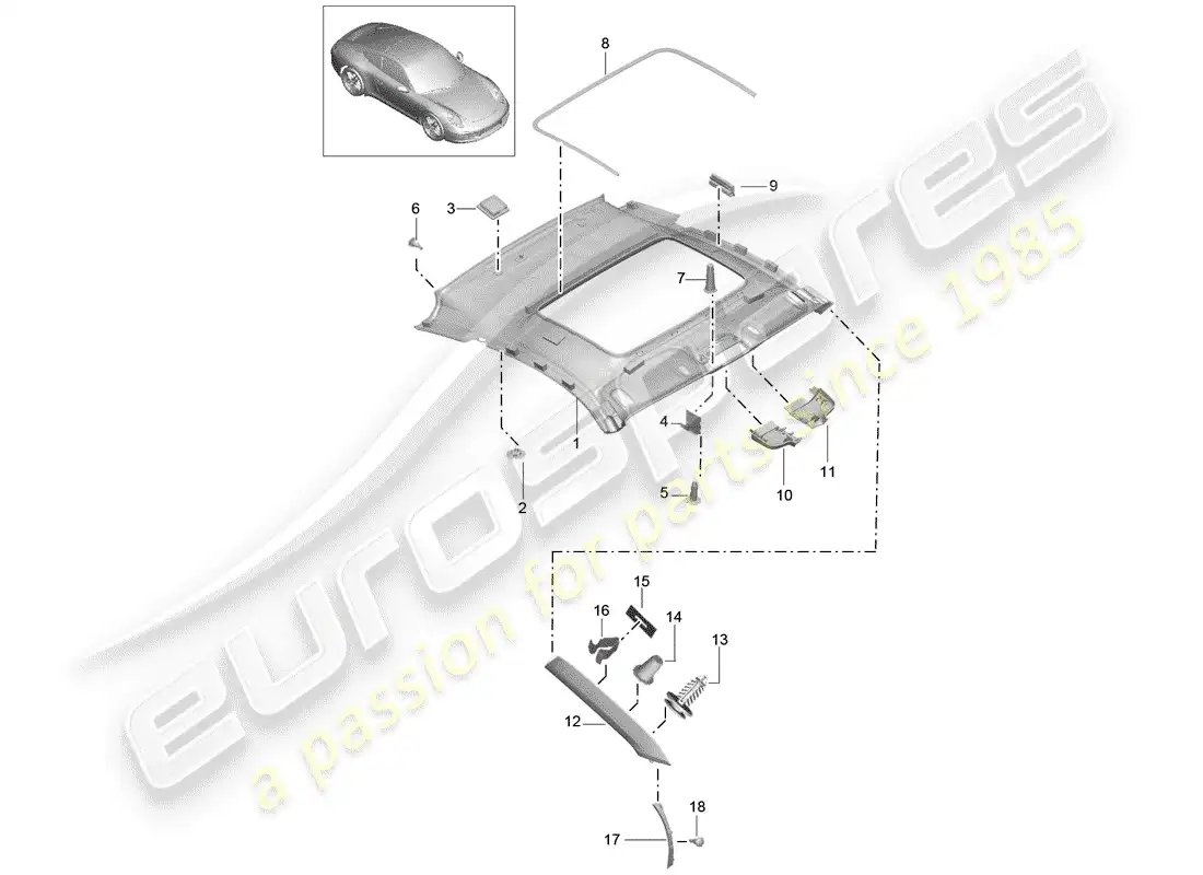porsche 2013 (991-1) roof trim panel parts diagram