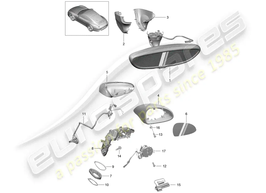 porsche 2013 (991-1) rear view mirror inner parts diagram