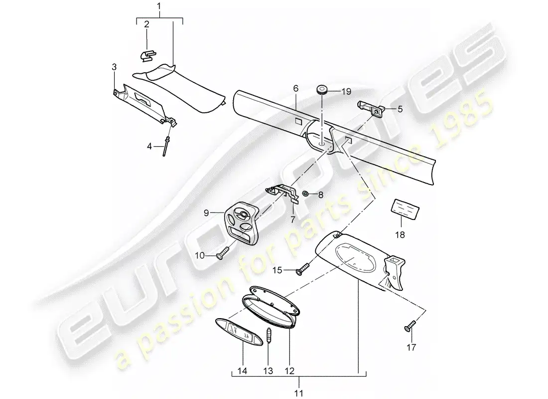 porsche 2001 (986 boxster) windshield frame - sun vizors parts diagram