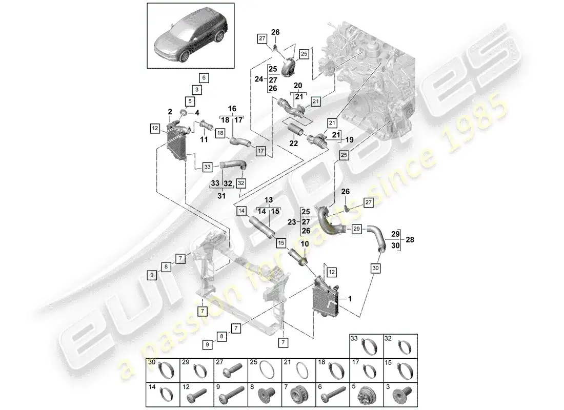 porsche 2020 (cayenne e3 9ya/9yb) charge air cooler part diagram