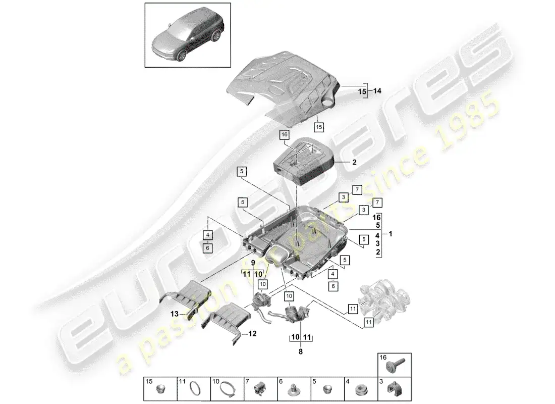 porsche 2019 (cayenne e3 9ya/9yb) air cleaner with connecting parts diagram