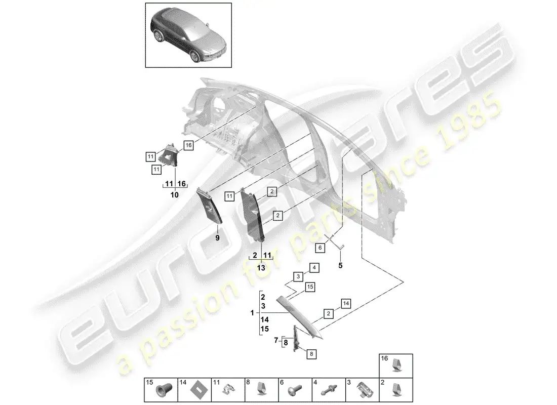 porsche 2019 (cayenne e3 9ya/9yb) pillar trim parts diagram