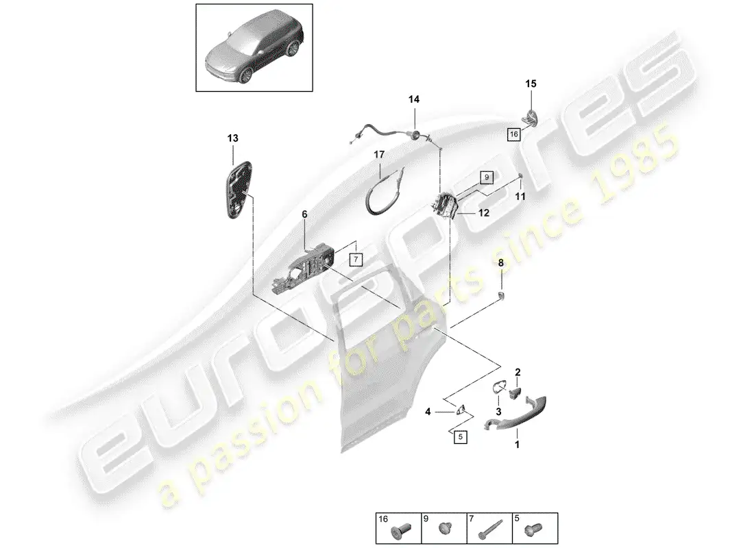 porsche 2018 (cayenne e3 9ya/9yb) door handle, outer parts diagram