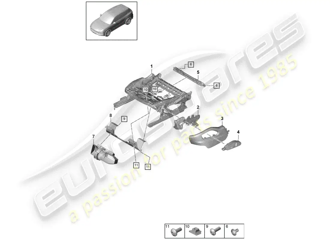 porsche 2020 (cayenne e3 9ya/9yb) seat frame part diagram