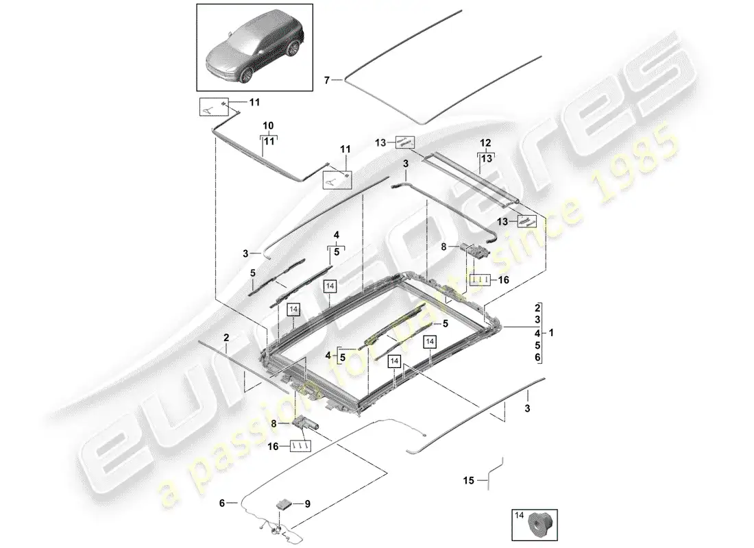 porsche 2018 (cayenne e3 9ya/9yb) glass roof parts diagram