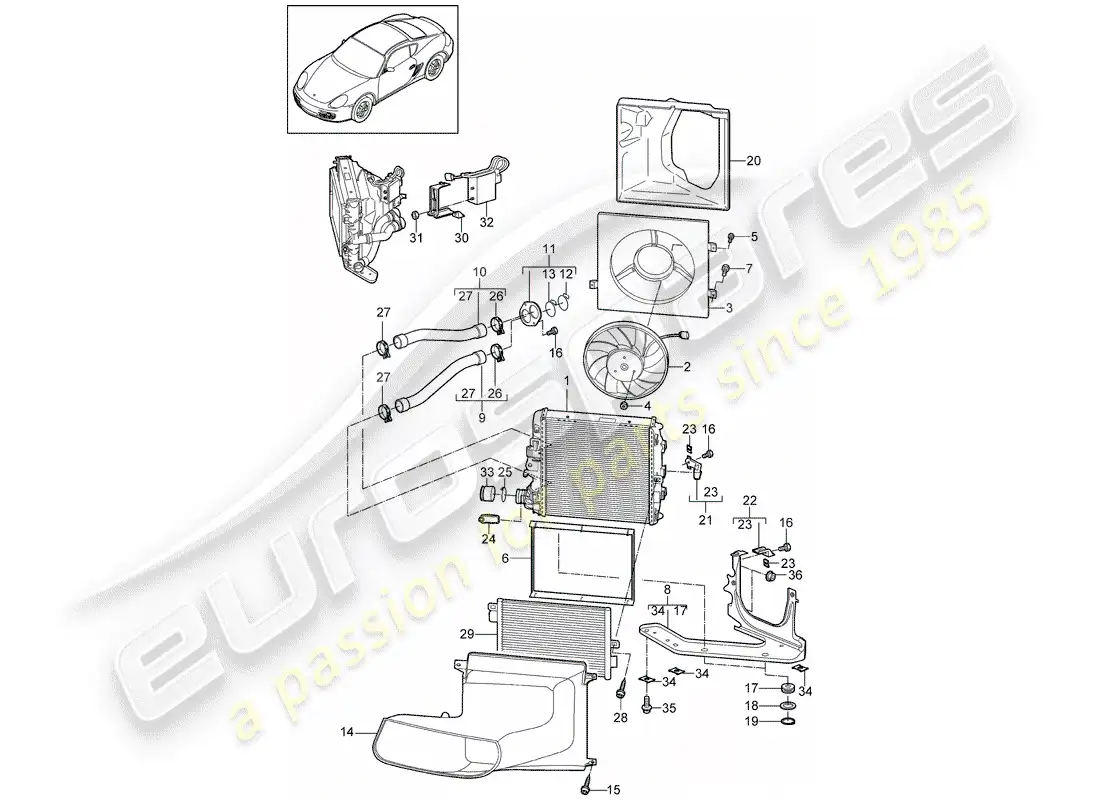 porsche 2009 (987 cayman) water cooling 3 parts diagram