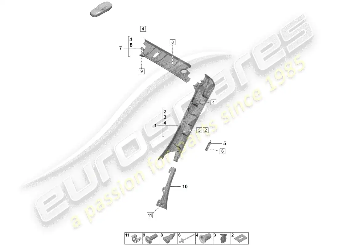 porsche 2019 (992-1) lining, pillar a parts diagram