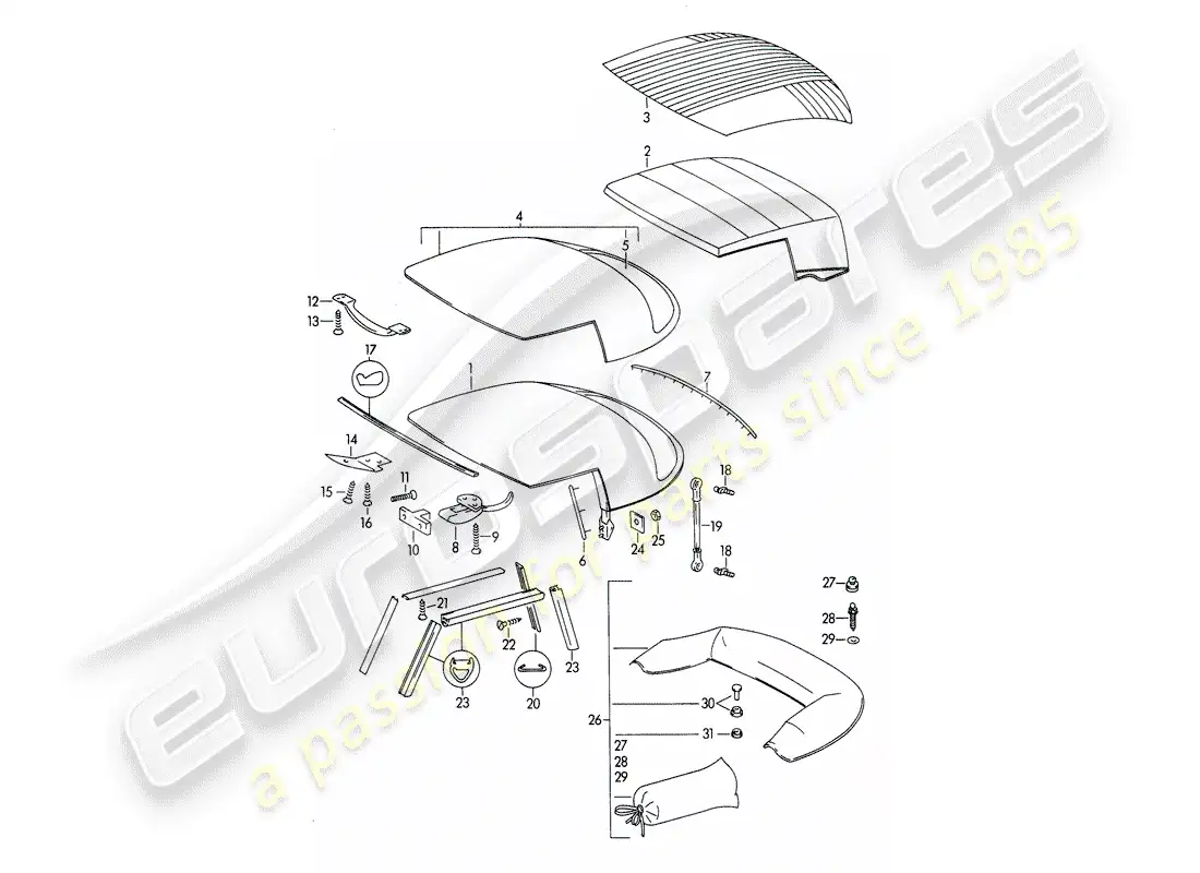 porsche 1963 (356b/356c) convertible top - and - convertible top covering parts diagram