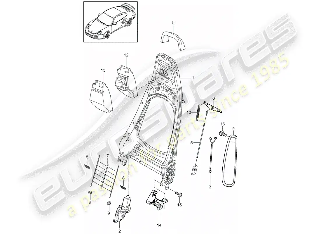 porsche 2012 (997-2 turbo / gt2 rs) backrest frame parts diagram