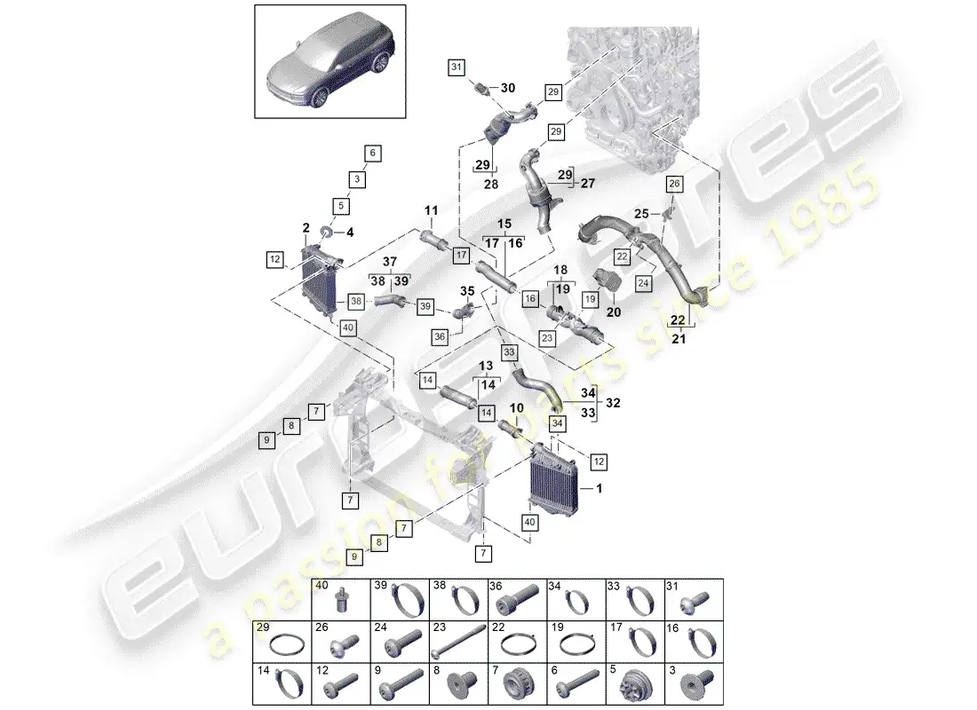 porsche 2018 (cayenne e3 9ya/9yb) charge air cooler parts diagram